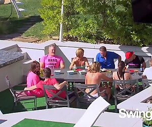 Hot new couples arrive at the red room to fuck mature swingers in a Reality TV Show in America.