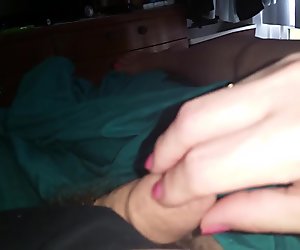 gently stroking my uncut foreskin cock