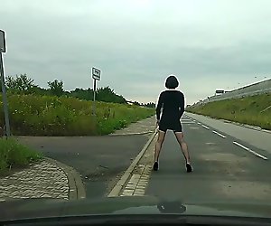 Strip on public street - only bra, stockings and heels left
