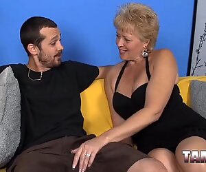 Horny old blonde sucking three cocks