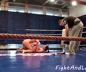 Lesbian babes enjoying naked wrestling